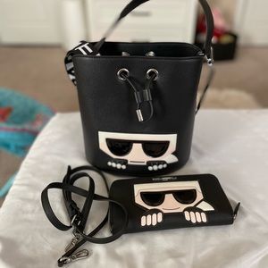 Karl Lagerfeld Paris Maybelle Bucket Crossbody Bag and Zip up Wallet w/Lanyard